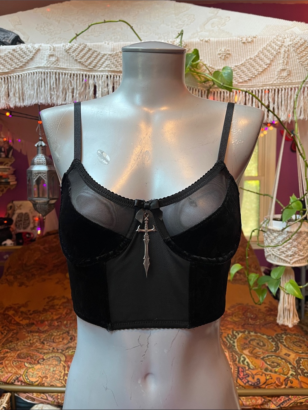 Dolls Kill Widow black velvet brocade sword bustier bralette